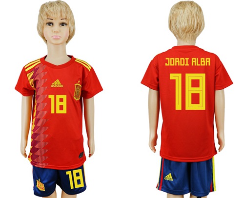 Spain #18 Jordi Alba Red Home Kid Soccer Country Jersey - Click Image to Close
